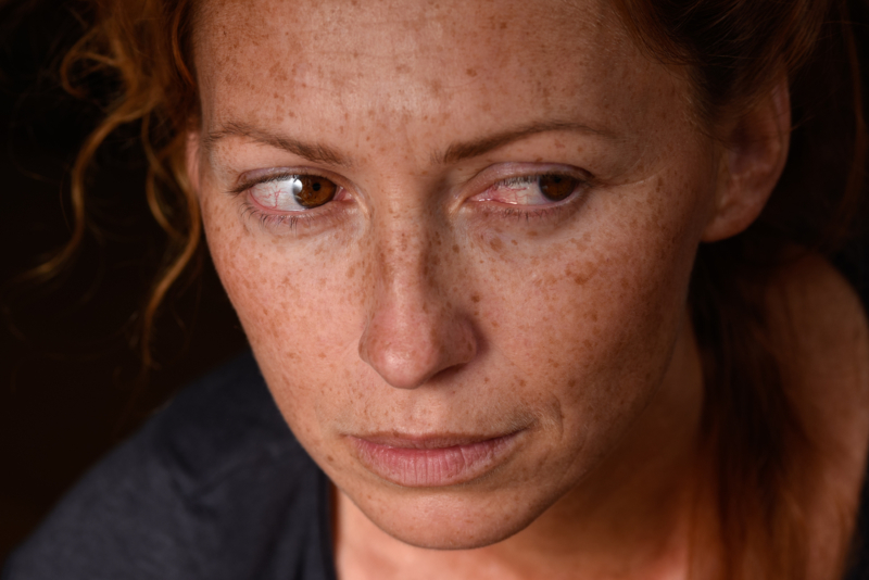 Portrait,Of,Redhead,Woman,Anxiety,Expression,With,Tears,In,Eyes