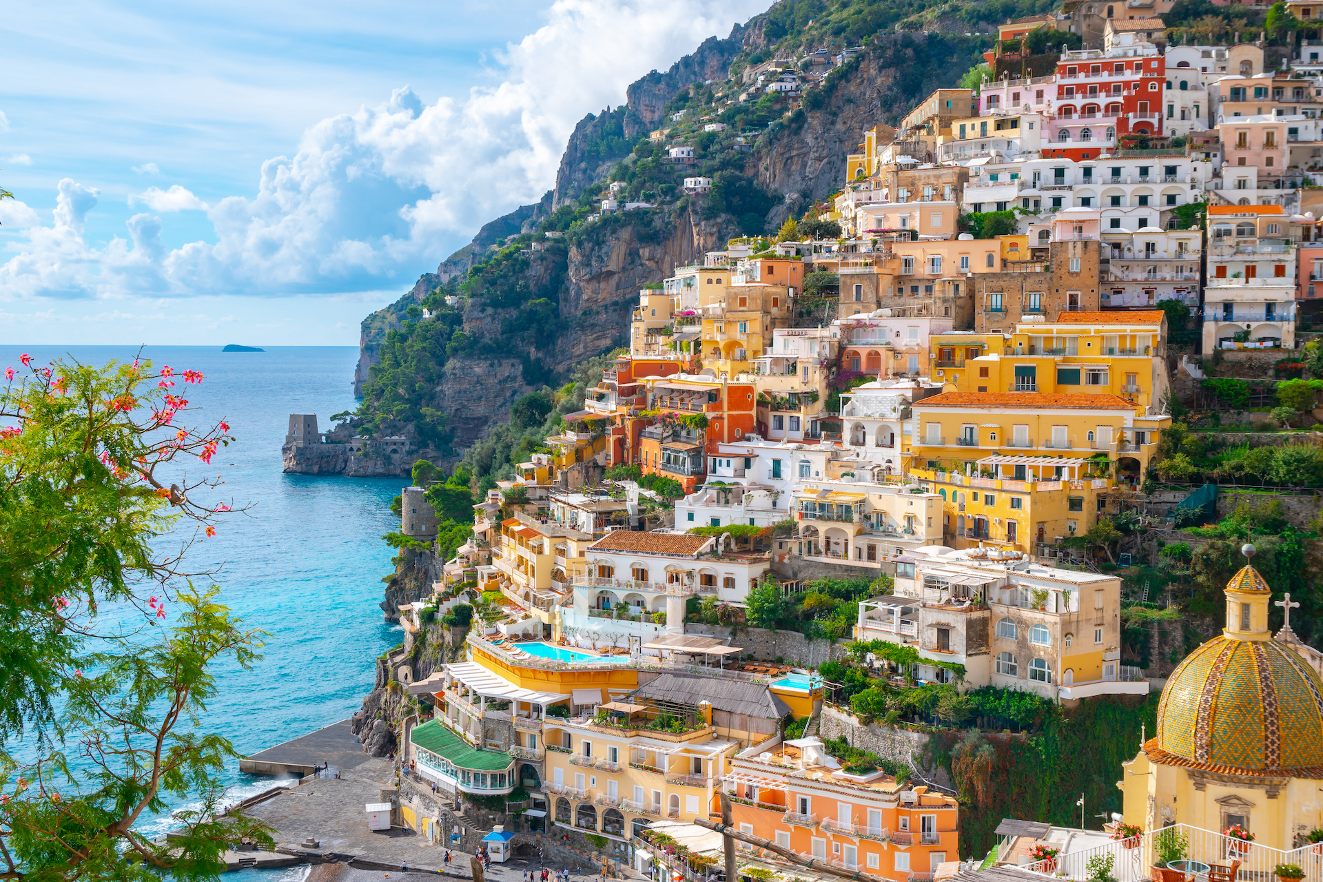 Beautiful Landscape With Positano Town At Famous Amalfi Coast, Italy